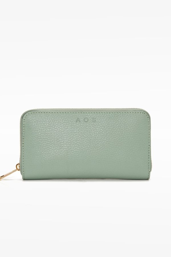 Μεγάλου μεγέθους δερμάτινο πορτοφόλι με φερμουάρ, πράσινο της μέντας