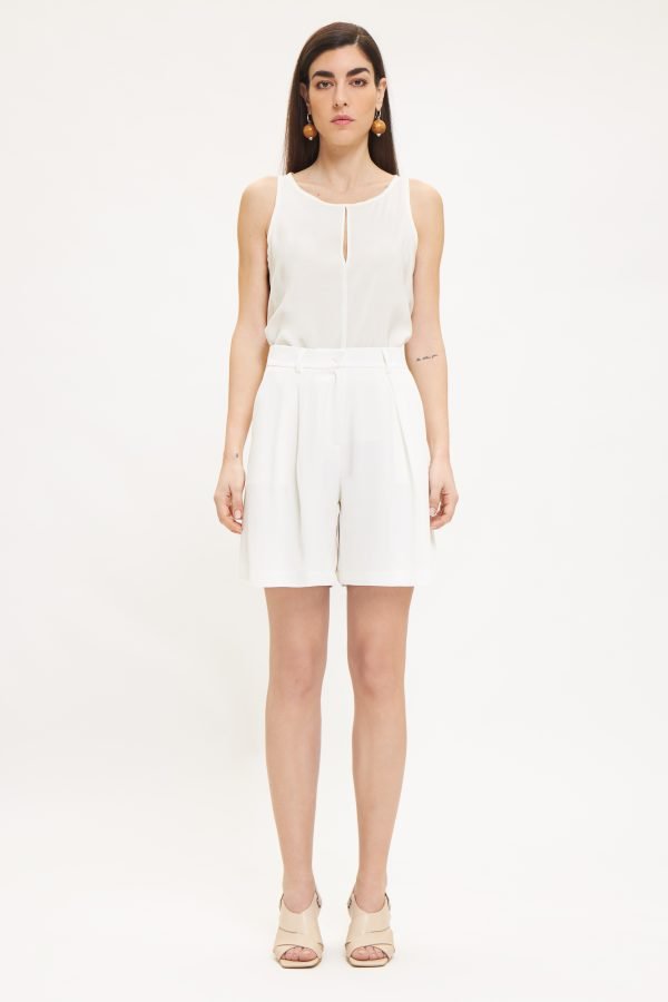 High Waist Pleated Short White