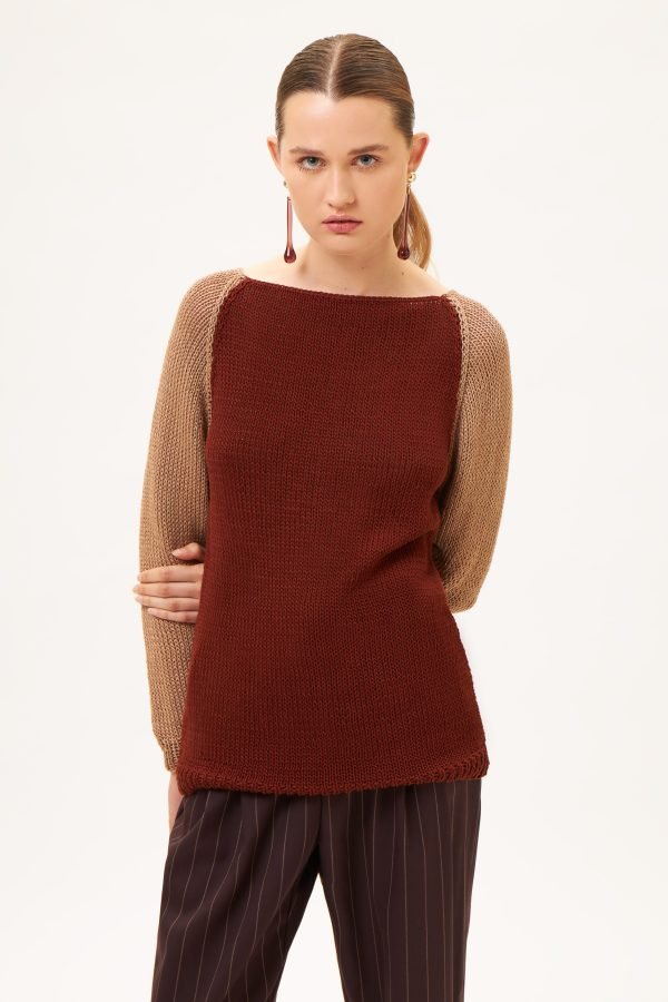 Χειροποίητο πλεκτό πουλόβερ μακρύ δίχρωμο σοκολά / ταμπά