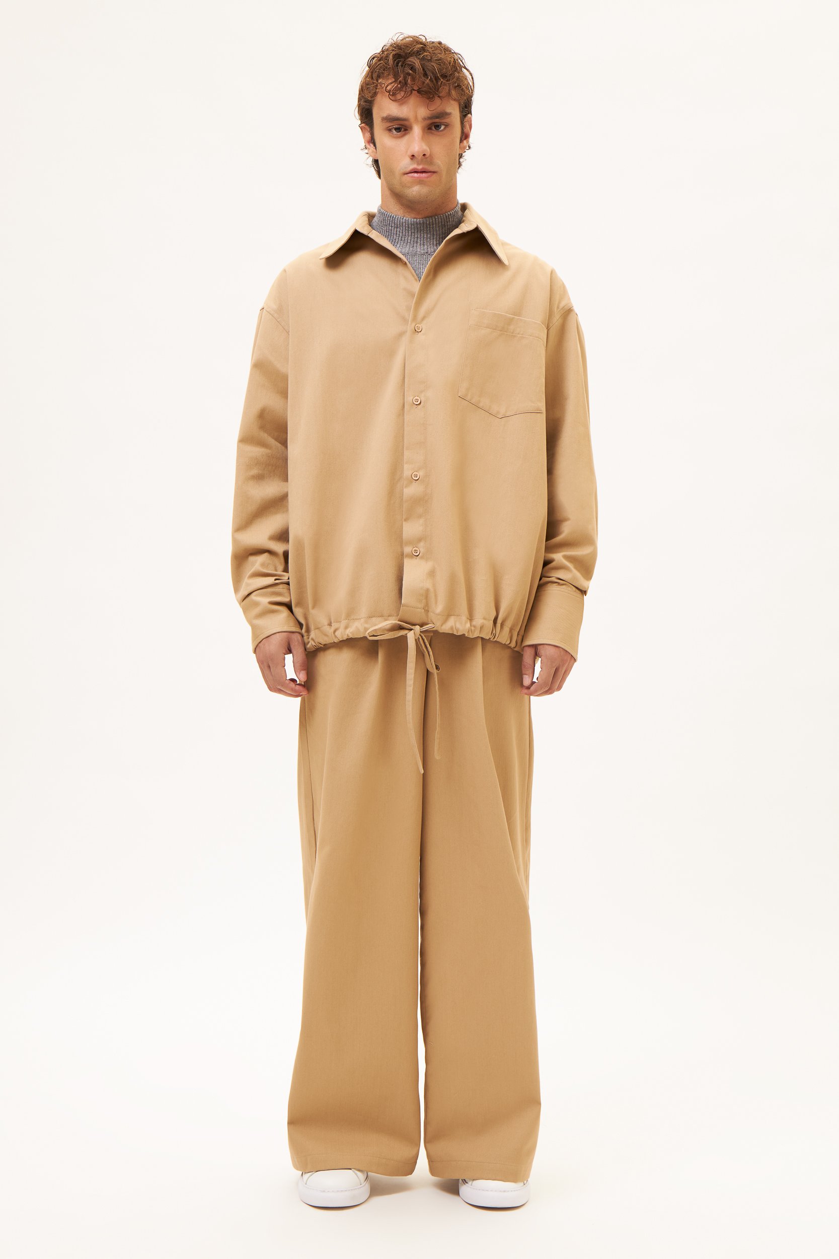 AOS Gabardine Jacket with Adjustable Tunnel Cord Hem Camel