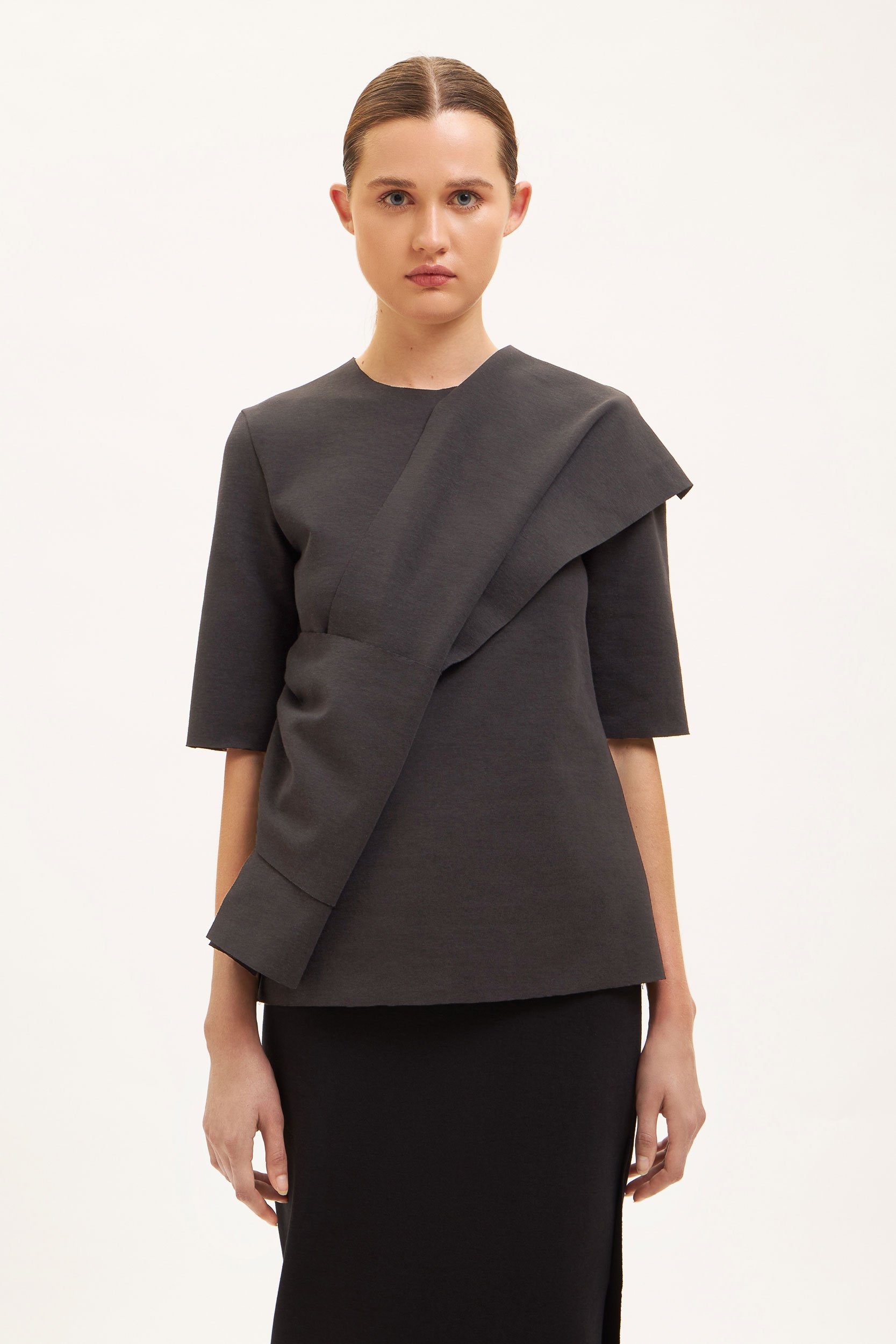 AOS Asymmetrical Draped Short-Sleeve Top Grey