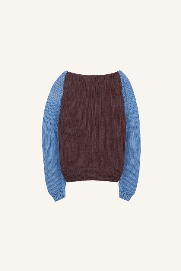 Κοντό δίχρωμο χειροποίητο πλεκτό πουλόβερ καφέ / μπλε