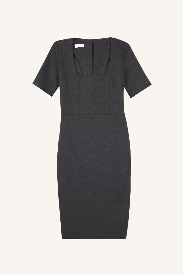 Εφαρμοστό γκρι μίντι φόρεμα