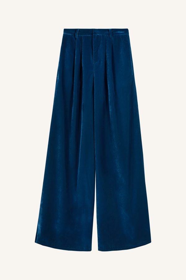 Βελούδινο παντελόνι με φαρδιά μπατζάκια σε βαθύ μπλε χρώμα